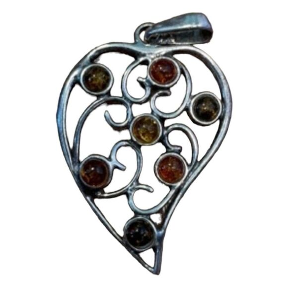 Heart Shaped 925 Sterling Silver Pendant Multi-Color Amber Stones Necklace - Picture 1 of 4